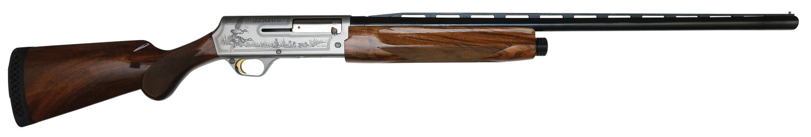 DUCKS UNLIMITED 12 BORE A-5 COMMEMORATIVE 12 GAUGE SHOTGUN.: SN. 89DU000676. Cal. 12ga. Built with 28" ventilated rib brl. Finger groove walnut forend is point pattern checkered. Coin finished receiver engraved in DU pattern by Terry Redlin. Round knob pis