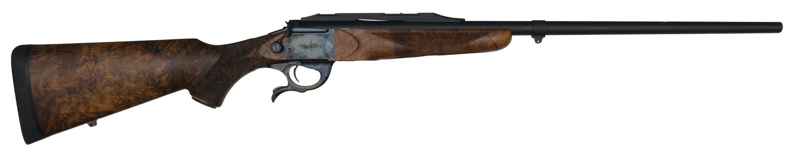 EXCEPTIONAL LUXUS ARMS MODEL 11 TAKE DOWN RIFLE WITH CASE.: SN. L152. Cal. Built in Ohio with 26" matte blued brl that has raised quarter rear rib and collar for sling.Left side of brl engraved " 30-06 SPR". Walnut forend is very nicely point pattern checkered
