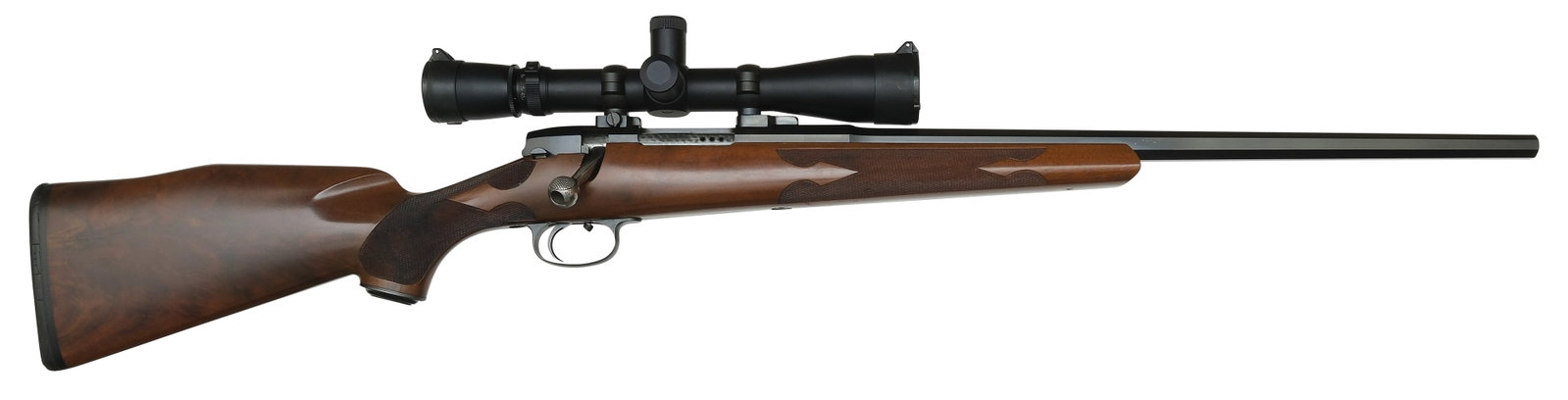 CUSTOM SINGLE SHOT WICHITA CLASSIC RIFLE IN .223 REM CALIBER WITH SCOPE.: SN. 26. Cal. .223. Built with 20" blued octagon brl mounted with a Leopold 4.5x14 30MM tube scope with Burris spacers and rings. Jeweled bolt with checkered bolt handle. Custom checkered pis