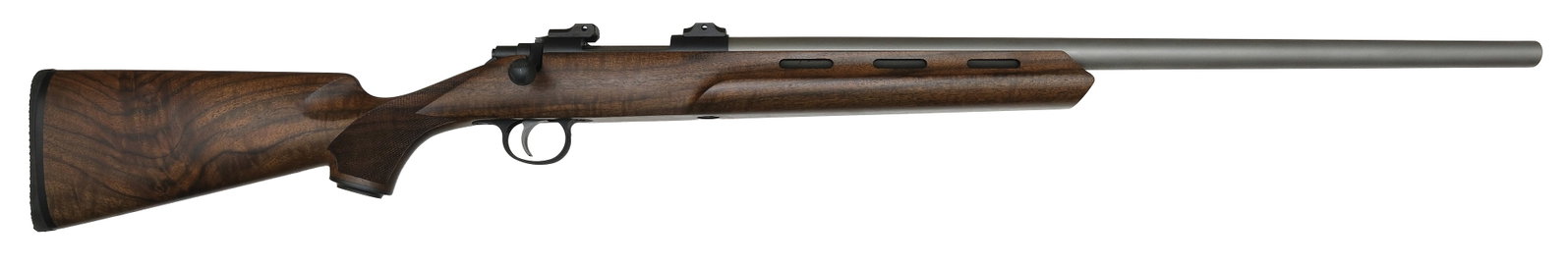 AS NEW COOPER ARMS MODEL 21 MTV RIFLE IN .222 PPC CALIBER WITH ORIGINAL BOX.: SN. MTV481. Cal. .222 PPC. Built with 24" brushed steel brl that ha usual maker's stamps. Blued receiver. Checkered bolt. Stock with finger grooves and is checkered in point pattern through the w