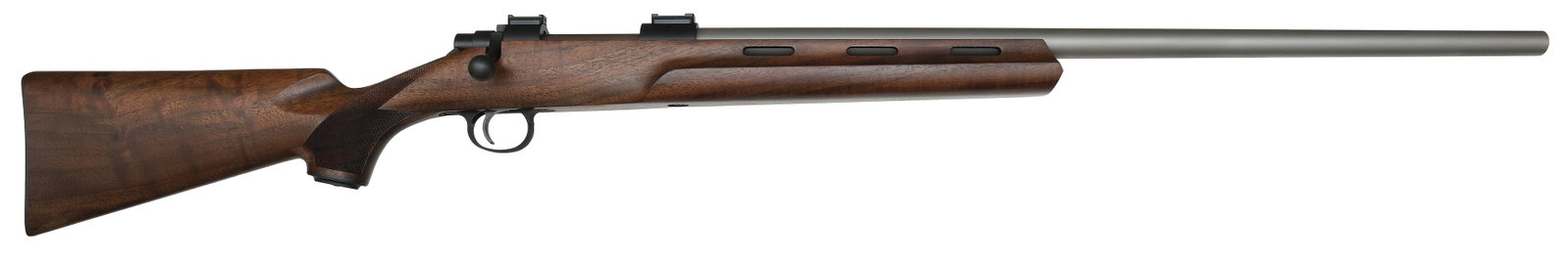 AS NEW COOPER ARMS MODEL 22 RIFLE IN .22 BR CALIBER.: SN. 2773. Cal. .22 BR. Built with 26" brushed steel brl that has usual maker's stamps. Blued receiver. Bolt in original plastic wrapping. Stock with finger grooves and is checkered in point pattern th