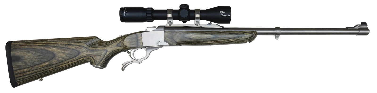 DANGEROUS GAME RUGER NO. 1 RIFLE IN .405 WIN CALIBER.: SN. 134-11109. Cal. .405 WIN. Built with 23" stainless round heavy brl that has band mounted swivel stud. Fiber optic front sight. Hardwood laminated smooth forend. Stainless receiver and lever. Stain