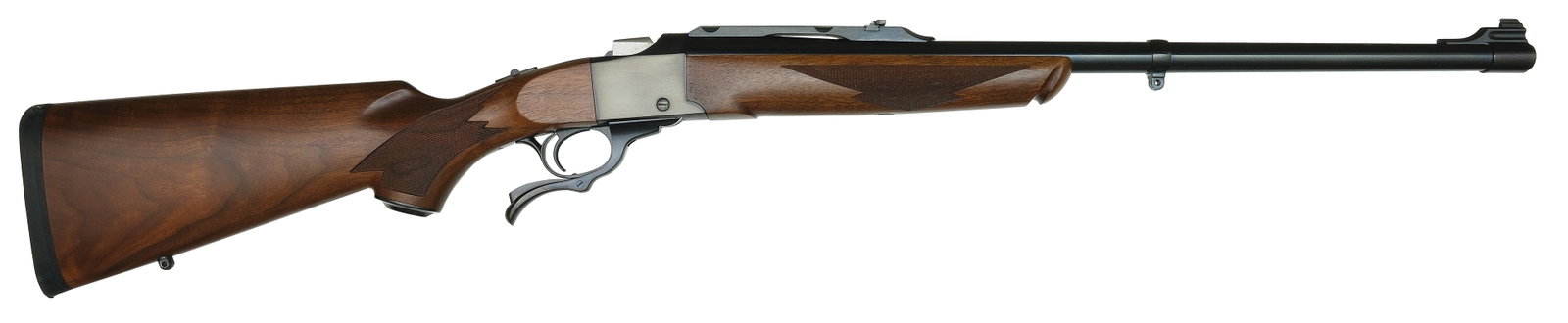 NEAR MINT RUGER NO. 1 IN .405 WIN CALIBER WITH BOX.: SN. 133-99798. Cal. .405 WIN. Built with 24" blued round brl that has flip up rear sight on quarter rib, collar for sling, and ramp blade front sight. Top of brl with usual maker's stamps.Caliber stam