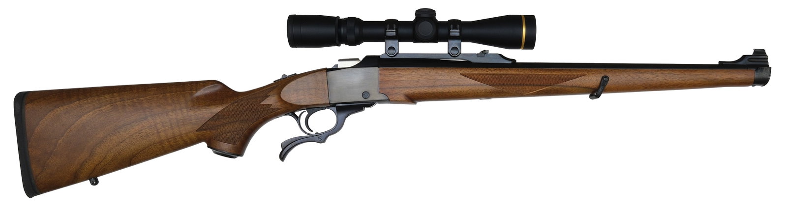 EXCELLENT RUGER NO. 1 CARBINE WITH MANNLICHER STOCK IN 6.5 x 55 CALIBER.: SN. 134-43482. Cal. 6.5 x 55. Built with 20" blued round brl that has quarter rear rib with flip up sight and ramp blade front sight. Full length stock with triangle checkering on sides. Blued re