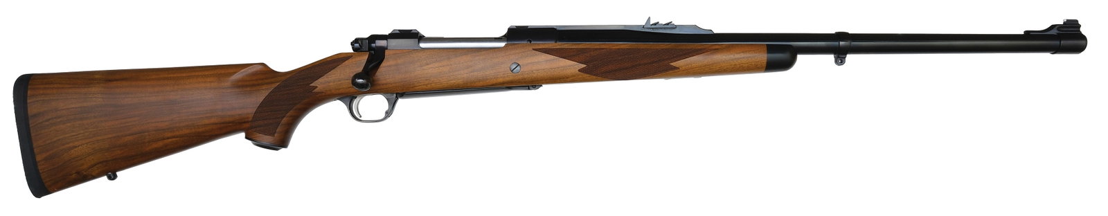 DANGEROUS GAME RUGER MODEL 77 MAGNUM .416 RIGBY CAL.: SN. 750-01424 Cal. .416 Rigby. Built with a 23" blued round heavy brl with three position express leaf sights and white bead front ramp sight. Walnut stock has ebony tip, is checkered in point pa