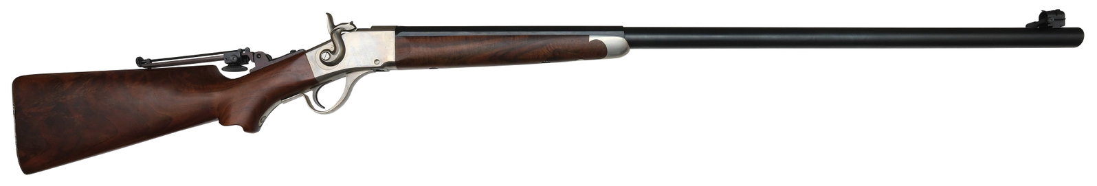 SHARPS ARMS COMPANY FALLING BLOCK SPORTING CUSTOM LONG RANGE TARGET: SN. S1353. Cal. 45-70 GOVT. Built with 34" blued half octagonal heavy brl. Top stamped with maker's information and in script "OLD Reliable". Left side receiver stamped "C. SHARPS ARMS