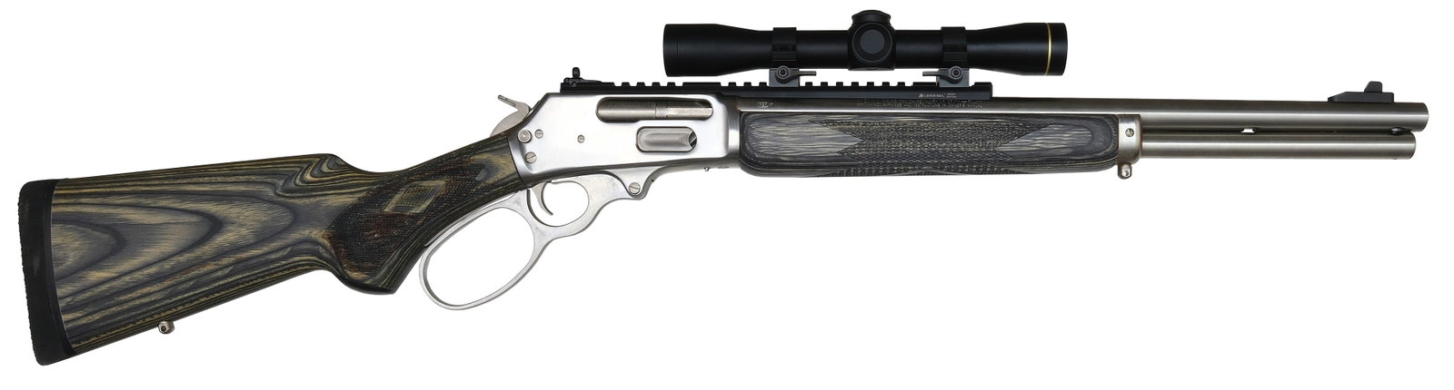 MARLIN MODEL 1895 RIFLE IN .45-70 GOVT CALIBER.: SN. B008207. Cal. .45-70 Govt. Built with 18" stainless round brl that has full length picatinny rail and integrated rear sight with hi-visibility blade front sight. Hardwood