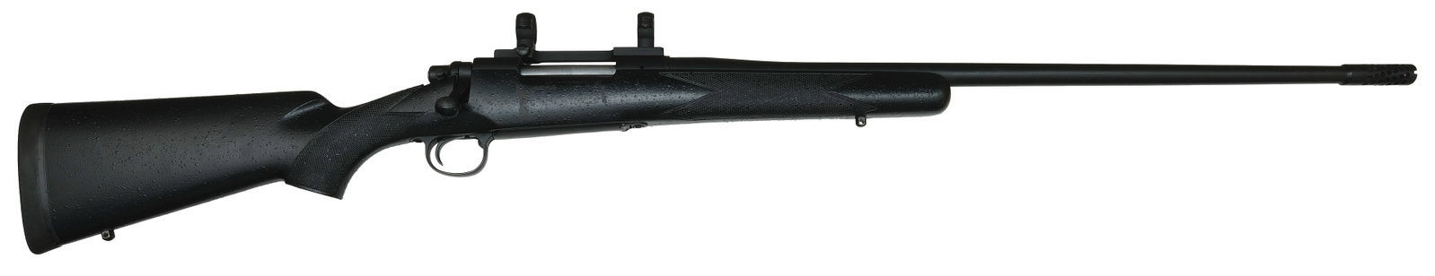 HIGHLY USEFUL REMINGTON MODEL 700 BY JARRETT RIFLES IN .300 JARRETT CALIBER WITH DIES.: SN. A6506569. Cal. .300 Jarrett. Built with 27" blued brl that has muzzle break and is engraved on left side "JARRETT RIFLES .300 JARRETT". Blued Remington Model 700 action. Black carbon stock is