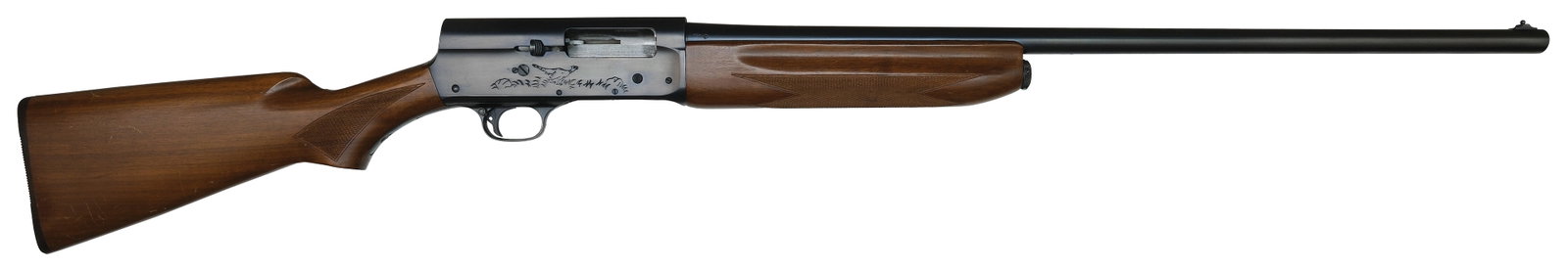 REMINGTON MODEL 11 "THE SPORTSMAN" 16 BORE SHOTGUN.: SN. 1574405. Cal. 16ga. Built with 28" blued plain brl that has steel front bead. Brl with usual maker's stamps and "FULL" choke stamp. Finger groove walnut forend is point pattern checkered. Blued