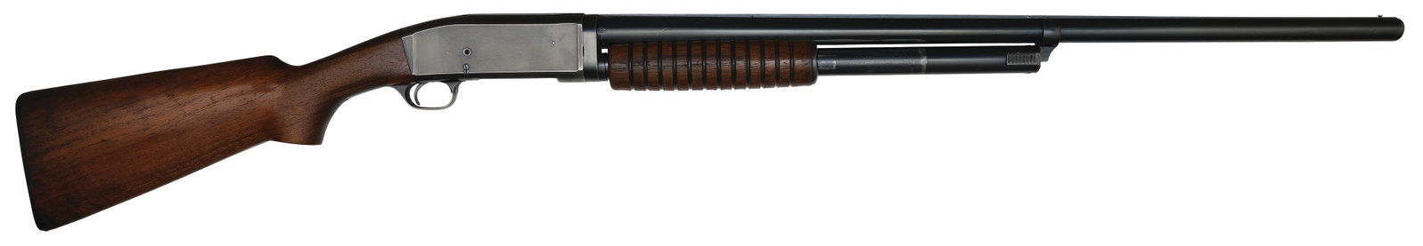 SCARCE REMINGTON MODEL 10 12 BORE SHOTGUN.: SN. 250398. Cal. 12ga. Built with 30" solid rib blued brl with usual maker's stamps and "FULL" choke stamp. Grooved walnut forend. Blued receiver. Flat knob pistol grip walnut buttstock which ter