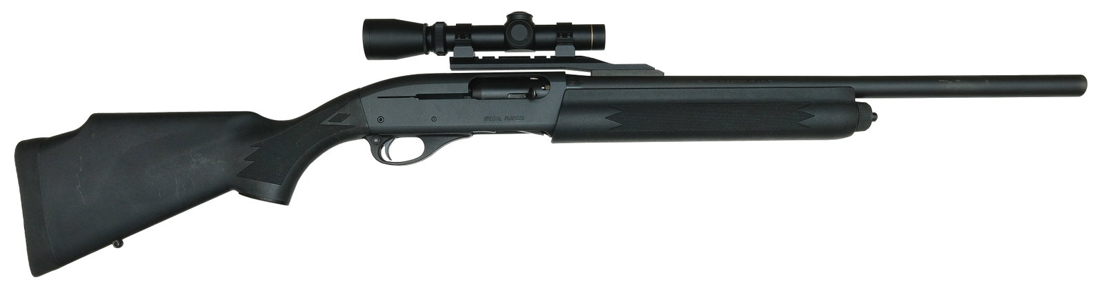 REMINGTON MODEL 11-87 "SPECIAL PURPOSE" 12 BORE SLUG GUN.: SN. P0623552. Cal. 12ga. Built with 21" blued brl. Carbon forearm and buttstock are point pattern checkered. Mounted with Leupold 1-4 Vari-X Shot Guns scope with quick detach mounted. Blued