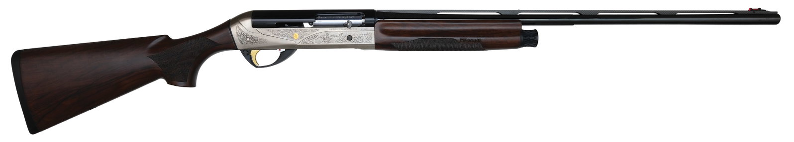 EXCELLENT BENELLI 28 BORE LEGACY MODEL WITH CASE AND BOX.: SN. XA02464. Cal. 28ga. Proved in 2023 with 26" ventilated rib brl. Finger groove walnut forend is checkered on bottom. Matte finished silver receiver with stamp engraved game scenes on sides