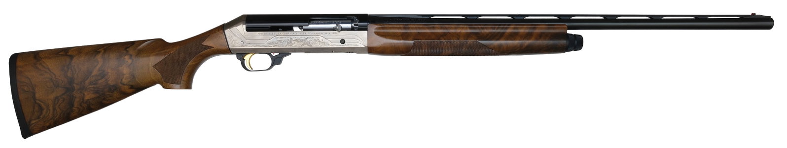 NEAR MINT BENELLI LEGACY 20 BORE SHOTGUN WITH CASE AND ORIGINAL BOX.: SN. X010327. Cal. 20ga. Proved in 2004 with 26" ventilated rib brl. Finger groove walnut forend is checkered on bottom. Matte finished silver receiver with stamp engraved game scenes on sides. Satin