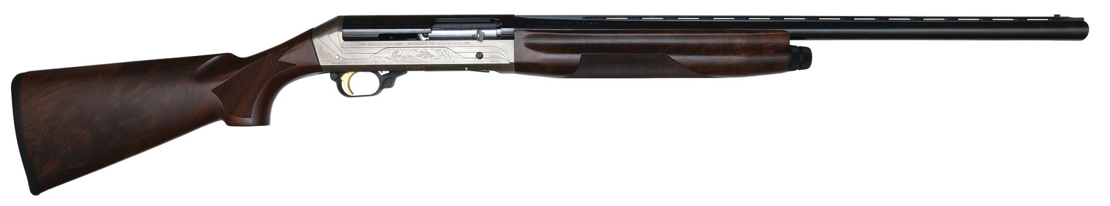 USEFUL BENELLI LEGACY MODEL 12 BORE SHOTGUN WITH CASE.: SN. F132617. Cal. 12ga. Built in 2002 with 26" ventilated rib brl. Finger groove walnut forend is checkered on bottom. Matte finished silver receiver with stamp engraved game scenes on sides. Sat