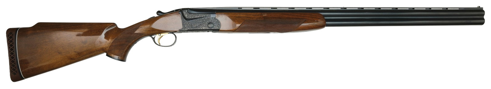 EXCELLENT SKB MODEL 500 12 BORE SHOTGUN.: SN. S5560386. Cal. 12ga. Built with 30" ventilated rib brl that has steel mid and white front bead. Left side with usual maker's stamps. Walnut forend is point pattern checkered with engraved and