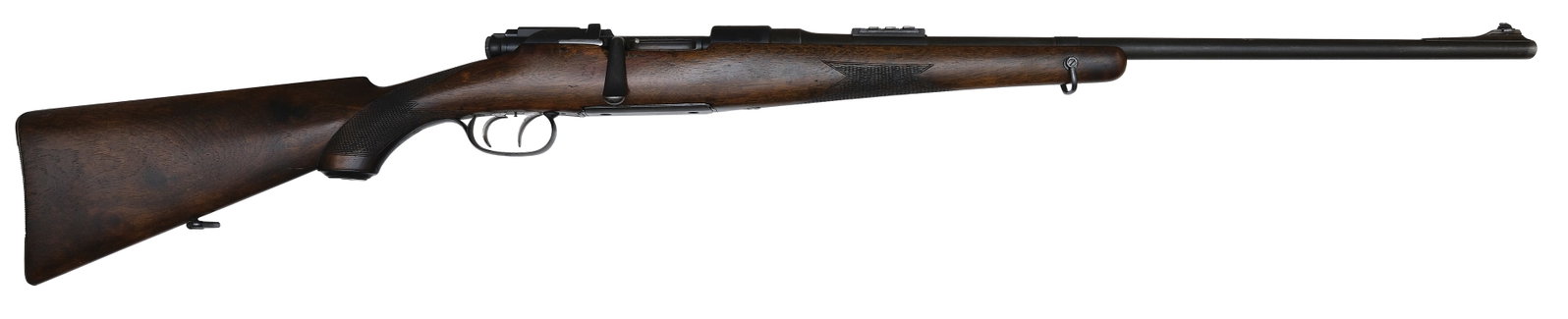 FINE MANNLICHER SCHOENAUER MODEL 1924 BUILT BY STEYR.: SN. 288. Cal. 30-06. Built with 24" blued round brl that has three leaf express rear sight and ramp blade front sight. Blued receiver. Top with usual markings as well as "SEQUDIA 166" a