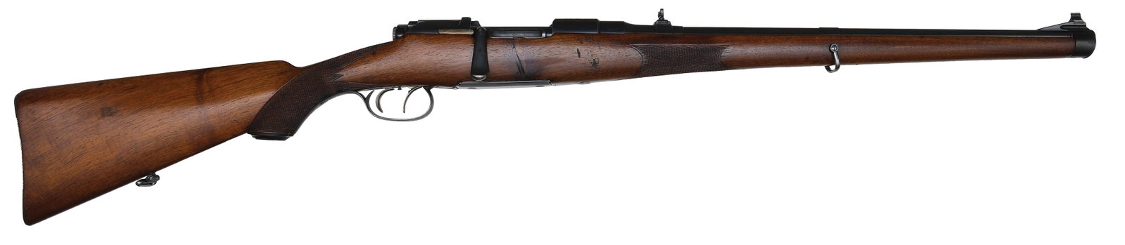 VERY CLEAN MANNLICHER SCHOENAUER MODEL 1910 CARBINE BUILT BY STEYR.: SN. 3377. Cal. 9.5x57. Built with 20" blued round brl that has flip up rear sight and ramp blade front sight. Blued receiver. Top with usual markings for this model and left side stamped "OESTERR