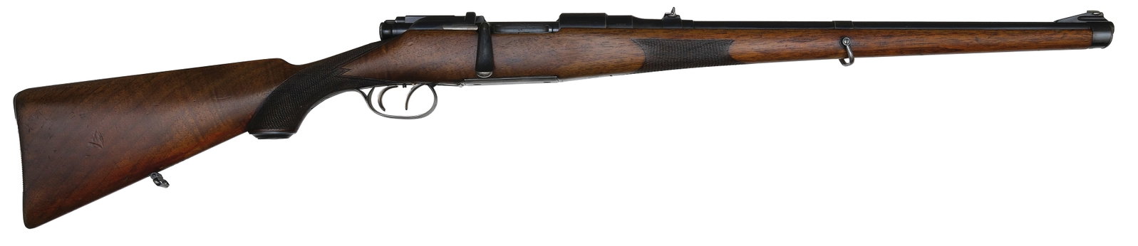 VERY CLEAN MANNLICHER SCHOENAUER MODEL 1908 CARBINE BUILT BY STEYR.: SN. 6905. Cal. 8x56. Built with 20" blued round brl that has double leaf to 300yrds flip up rear sight and ramp blade front sight. Blued receiver. Top with usual markings for this model and left 