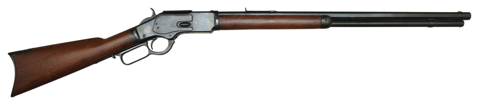 ANTIQUE WINCHESTER MODEL 1873 RIFLE .38-40 CAL.: SN. 220605B. Cal. .38-40. Built in 1886 with 24" octagon brl that has leaf rear sight and fixed blade front sight. Blued full length magazine tube. Walnut forend with blued cap. Blued frame ; dus
