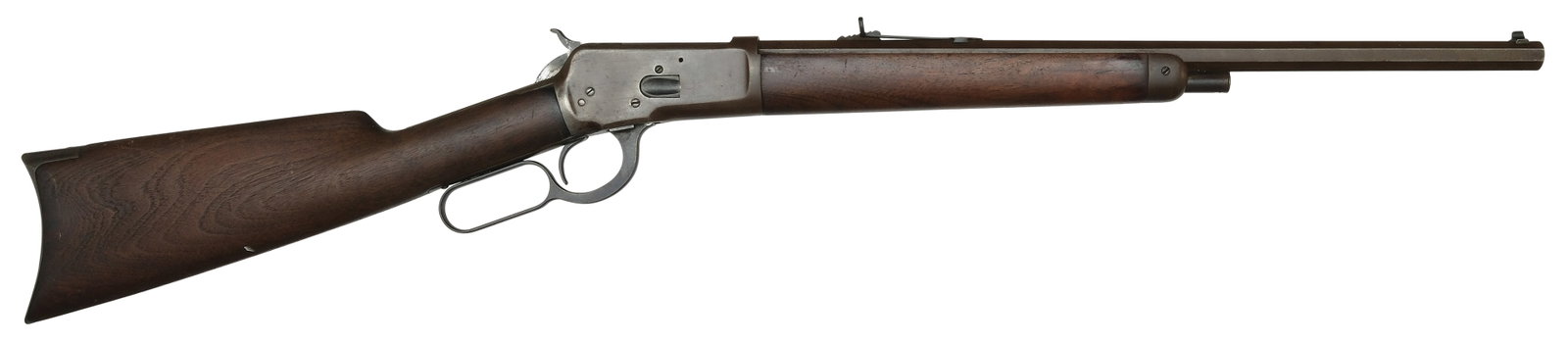 ANTIQUE WINCHESTER MODEL 1892 FIRST YEAR PRODUCTION MODEL: SN. 21133. Cal. .32-30. First year production rifle. Made in 1892 with 20” octagon brl that has buckhorn rear sight and fixed blade front sight. Maker's stamps on top tang. Uncheckered waln