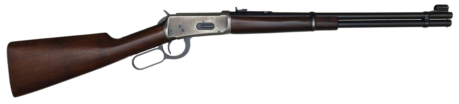 SUPER HONEST AND ALL ORIGINAL PRE '64 WINCHESTER MODEL 94 WITH ORIGINAL BOX.: SN. 1182464. Cal. .30 WCF. Built with 20" blued round brl that has usual maker's stamps and adjustable rear sight and hooded ramp blade front sight. Blued magazine tube. Walnut forend. Blued receiver,