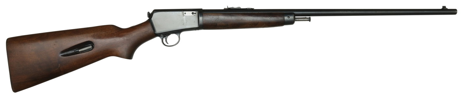 CLEAN ORIGINAL WINCHESTER MODEL 63 MARKED "SUPERSPEED & SUPER-X": SN. 107299A. Cal. 22LR. Made with 23" round bbl that has front blade sight and rear adjustable elevation ramp sight. Left side of bbl marked "MODEL 63-22 LR. - SUPERSPEED & SUPER-X". Breech end of bbl