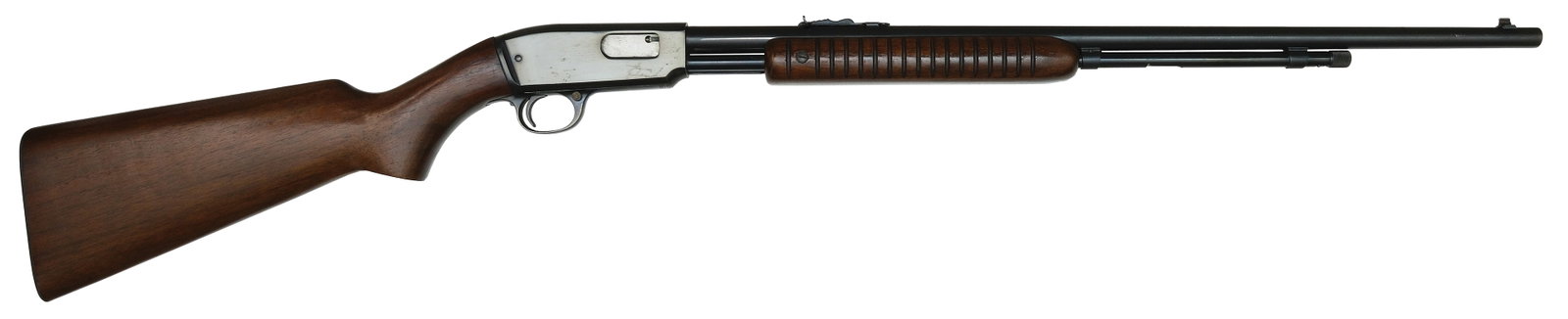 EXTREMELY FINE WINCHESTER MODEL 61 .22 RIFLE.: SN. 203381. Cal. .22 S.L.LR. Built with 23.5" blued round brl that has adjustable rear sight and blade front sight. Left side of brl with usual maker's stamps and top with proud "WP" proof stamp. Groo