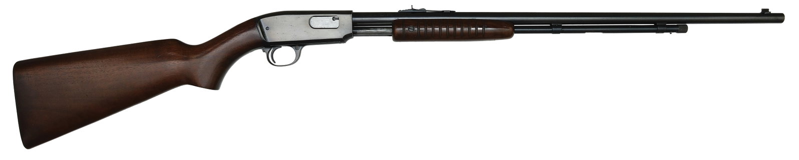 EXCELLENT HIGH ORIGINAL CONDITION EARLY PRODUCTION WINCHESTER MODEL 61 RIFLE.: SN. 24951. Cal. .22 S. L. LR. Built with 23.5" blued round brl that has usual maker's stamps and adjustable rear sight with fixed blade front sight. Blued magazine tube with reinforcement collar. Groo