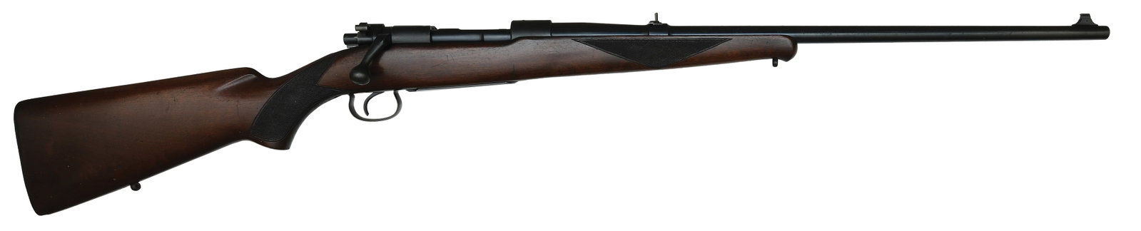 SECOND YEAR PRODUCTION WINCHESTER MODEL 54.: SN. 9682 Cal. 30GOV'T'06. Built with 24" tapered blued brl with a ramp blade gold bead front sight and a flip up elevation rear sight. Winchester claw type extractor, Matted receiver with front ring d