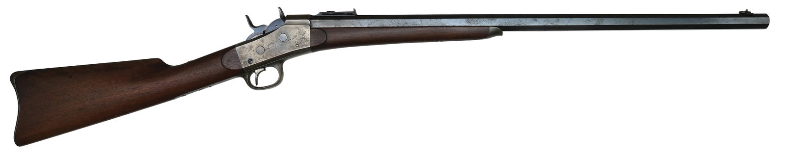 INTERESTING REMINGTON ROLLING BLOCK NO. 1 SHORT RANGE RIFLE WITH EXTRA BLOCK.: SN. 4314. Cal. .38 Rim Fire & Center Fire. Built with 28" blued octagon brl that has flip up front sight and adjustable rear sight. Walnut forend with steel tip. Casehardened frame and trigger guard. 