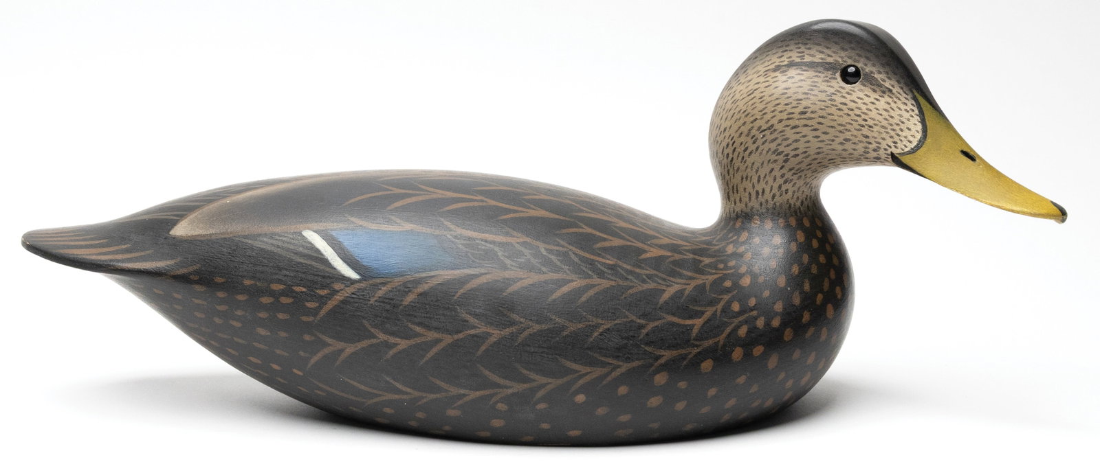 Oliver "tuts" Lawson (b.1938), Crisfield, Maryland.: Blackduck in the 1936 style with a slightly turned head and glass eyes. Signed and dated 1993. Measures 16.75" long.