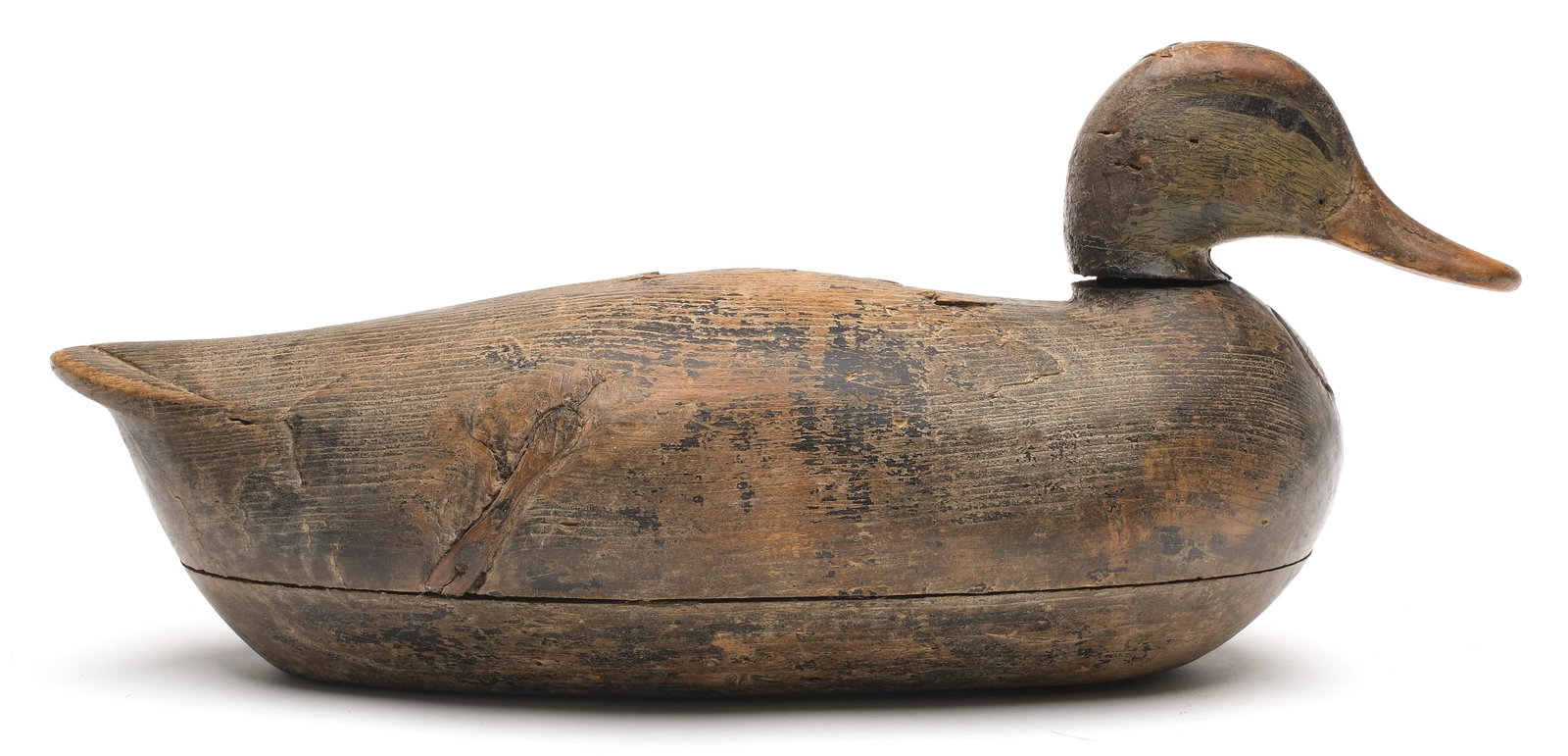 John Hanson Downs (1892-1987), Townsend, Virginia.: Black duck. Two piece body and carved eyes. "JHD" carved in underside. Also with the Roy Bull brand and Sam Dyke collection ink stamp. Measures 16.25" long.