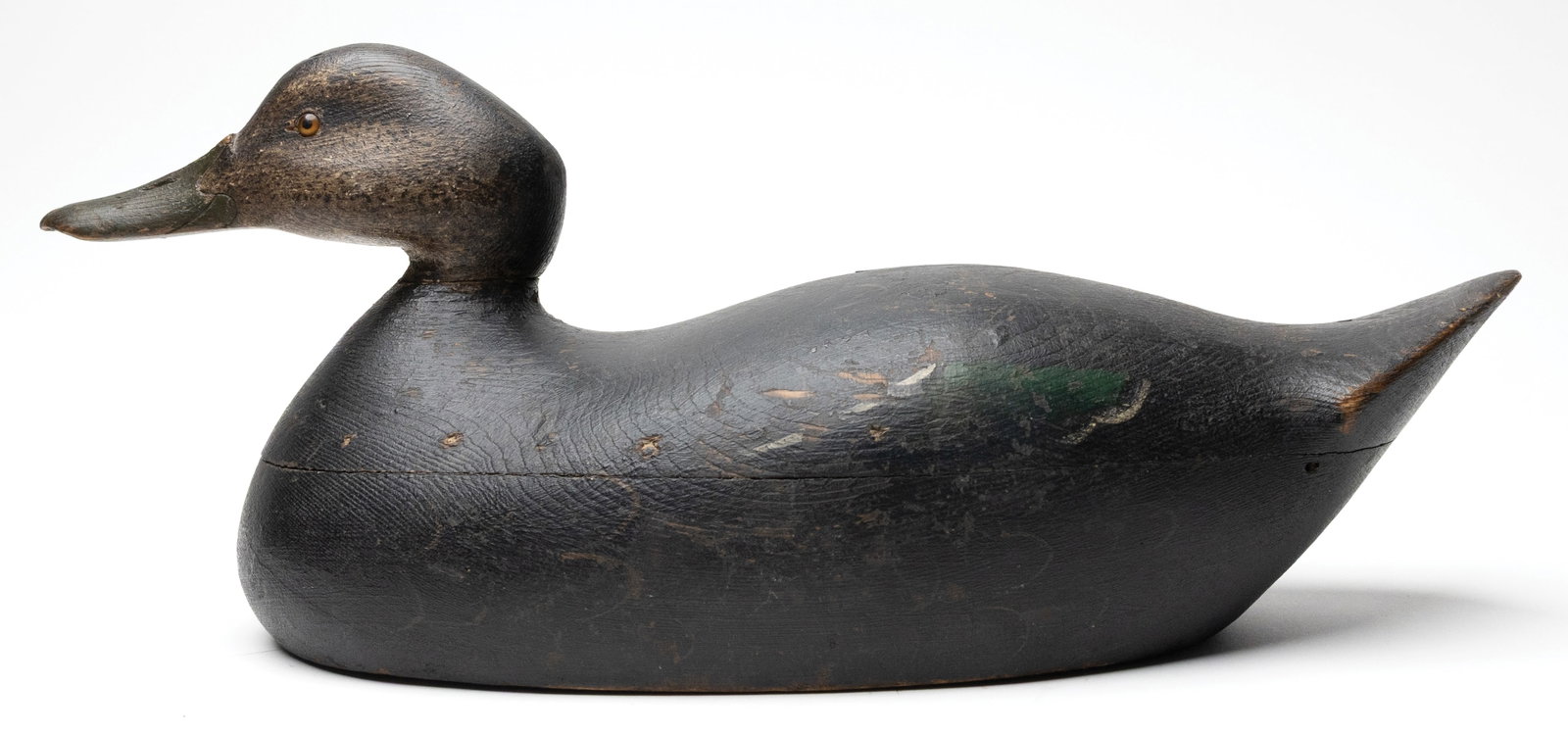 Mason Decoy Factory (1889-1924), Detroit, Michigan.: Early black duck. Hollow carved premier grade model. "JF" in invisible ink multiple times on underside for the collection of Joe French. Measures 17.25" long. PROVENANCE: Len Carnaghi collection.