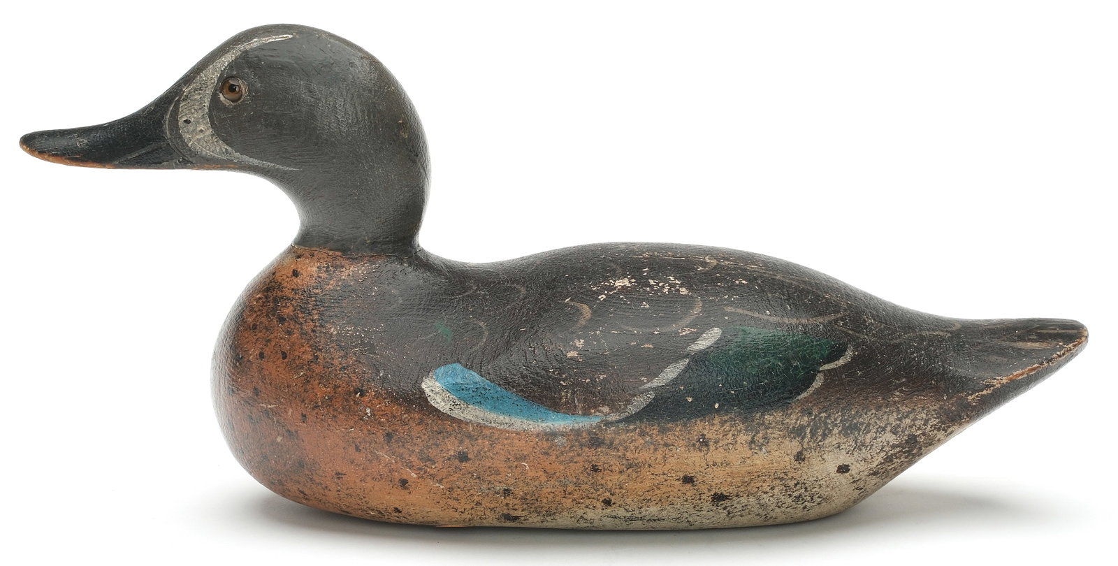 Mason Decoy Factory (1889-1924), Detroit, Michigan.: Bluewing teal. Challenge grade. Roger Ludwing collection copper tag on underside. Measures 12.5" long. PROVENANCE: Len Carnaghi collection.