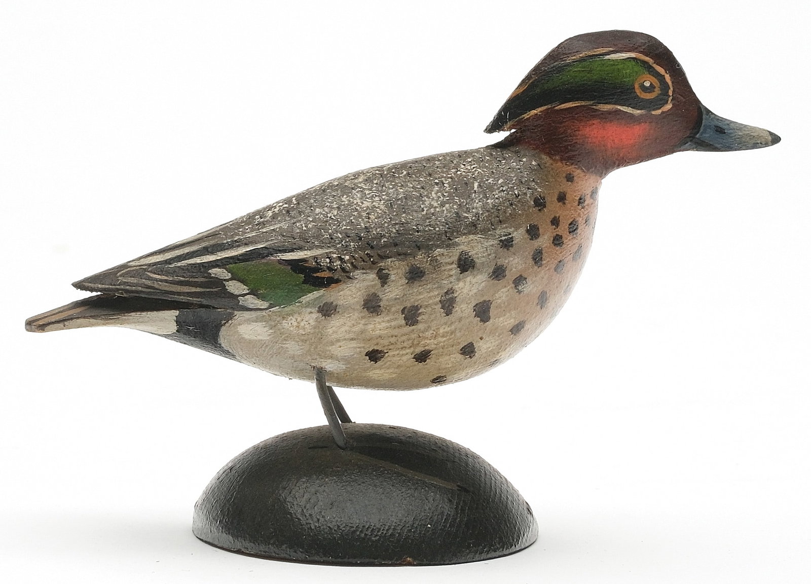 A. Elmer Crowell (1862-1952), East Harwich, Massachusetts.: Miniature greenwing teal. Extended crest carving and nice paint detail. Measures 3.75" long.