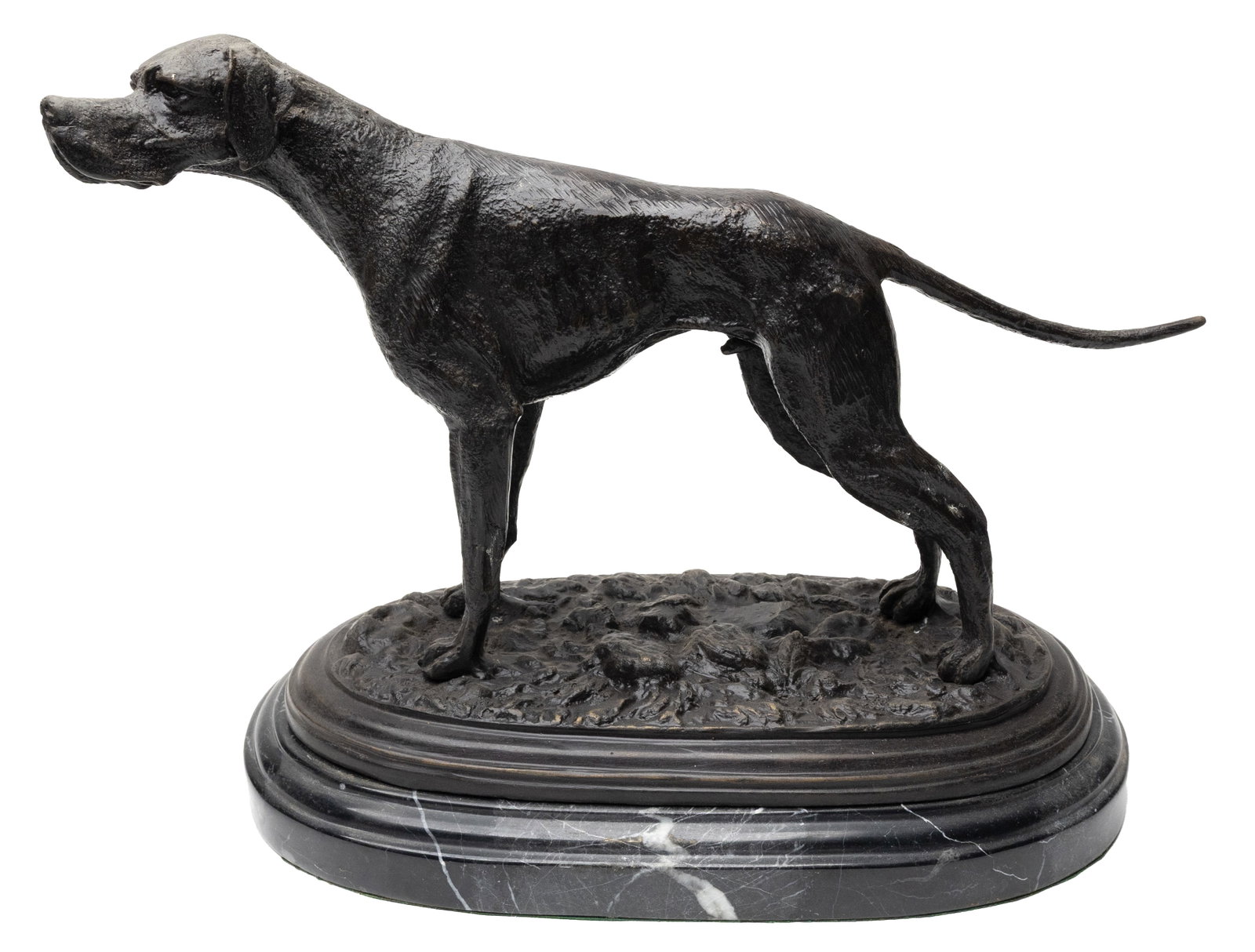 Pierre-Jules Mene (French, 1810-1879), bronze sculpture.: Bronze pointer. On marble base. "Mene" on one side of base. Measures 13.5" long.