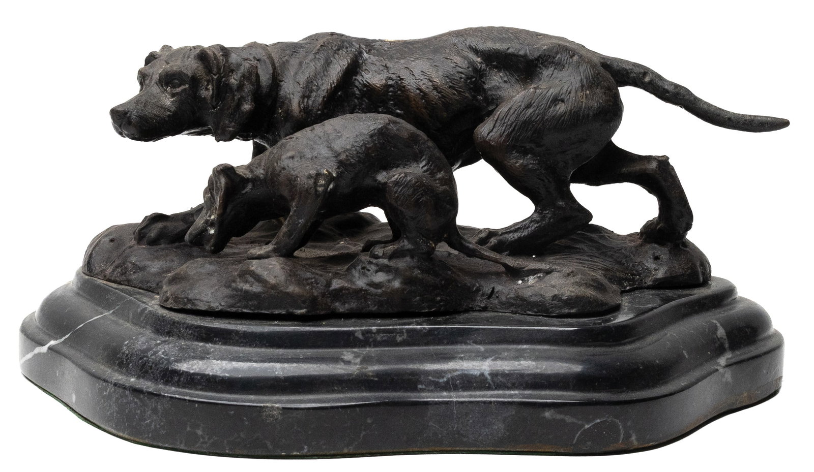 Alfred Barye (1839-1882), bronze sculpture.: Bronze of a pointer with puppy. Maker's name on base. Measures 7.5" long.