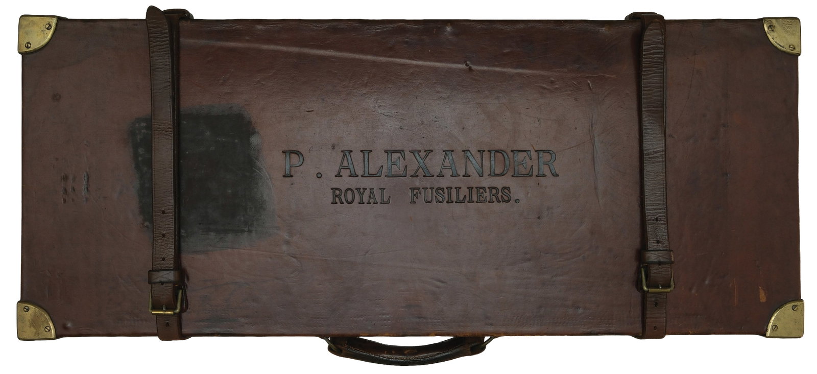2 GUN BOSS & CO. SHOTGUN CASE: Leather gun case with brass corners. "P.Alexander" "Royal Fusiliers" branded into the top. Red felt interior with Boss & Co trade papers under lid - label shows "To His Royal Highness the Prince of