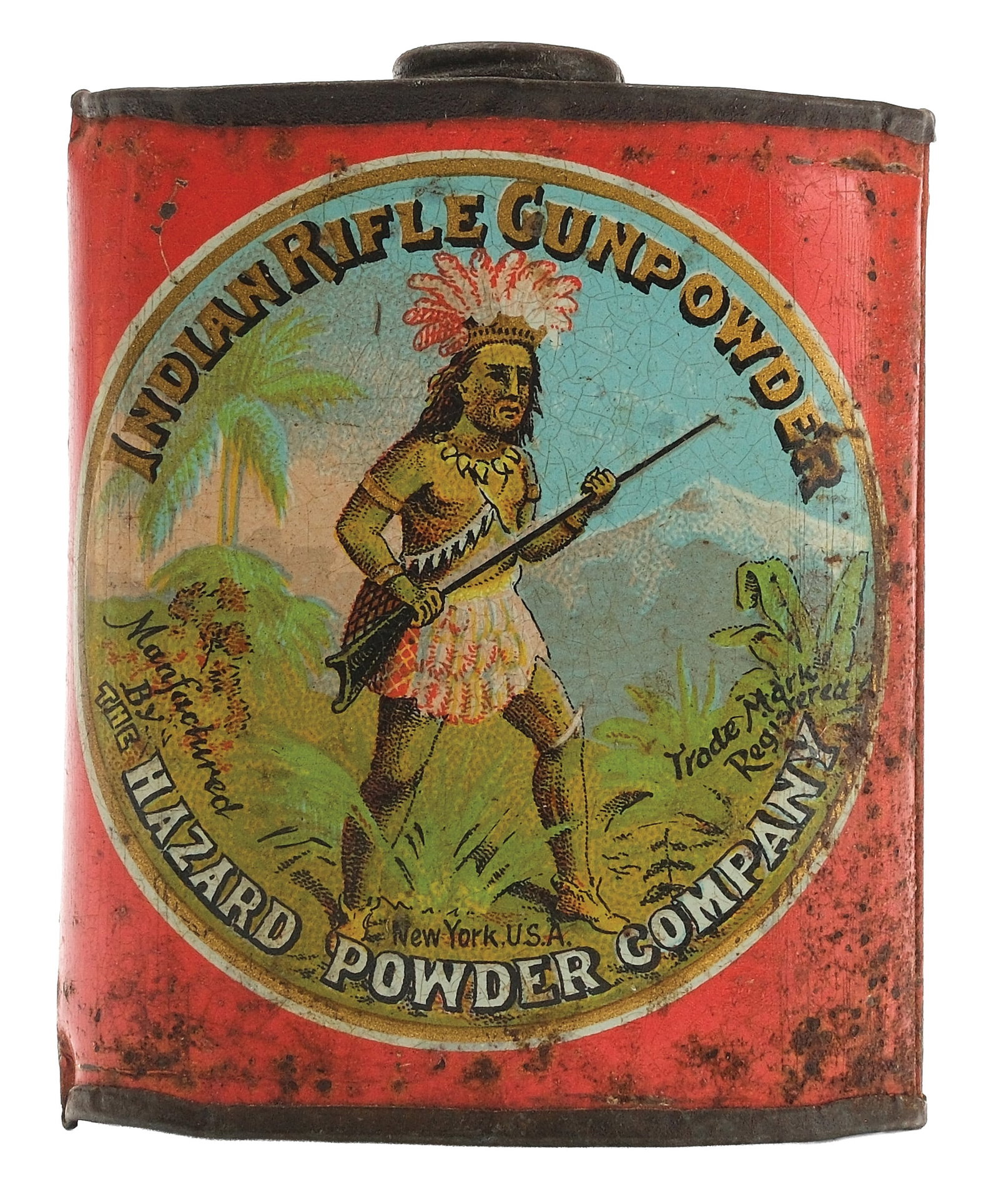 VERY RARE SIZE INDIAN RIFLE GUN POWDER TIN BY THE HAZARD POWDER COMPANY.: Small 1/8 lb tin. Measures 3" x 2.5".