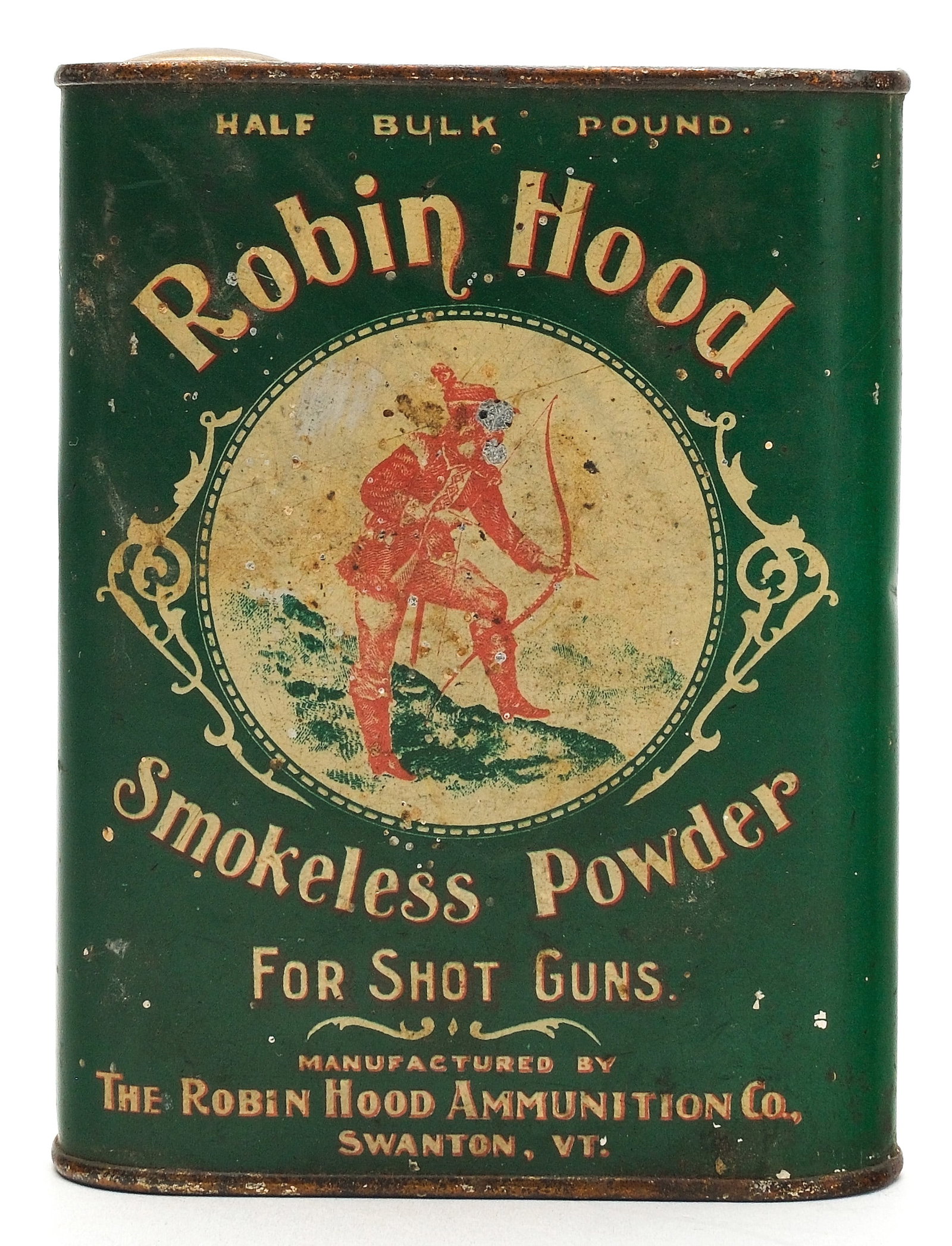Robin Hood Ammunition brand powder tin: 1/2 pound tin, Measures 4.5" tall.