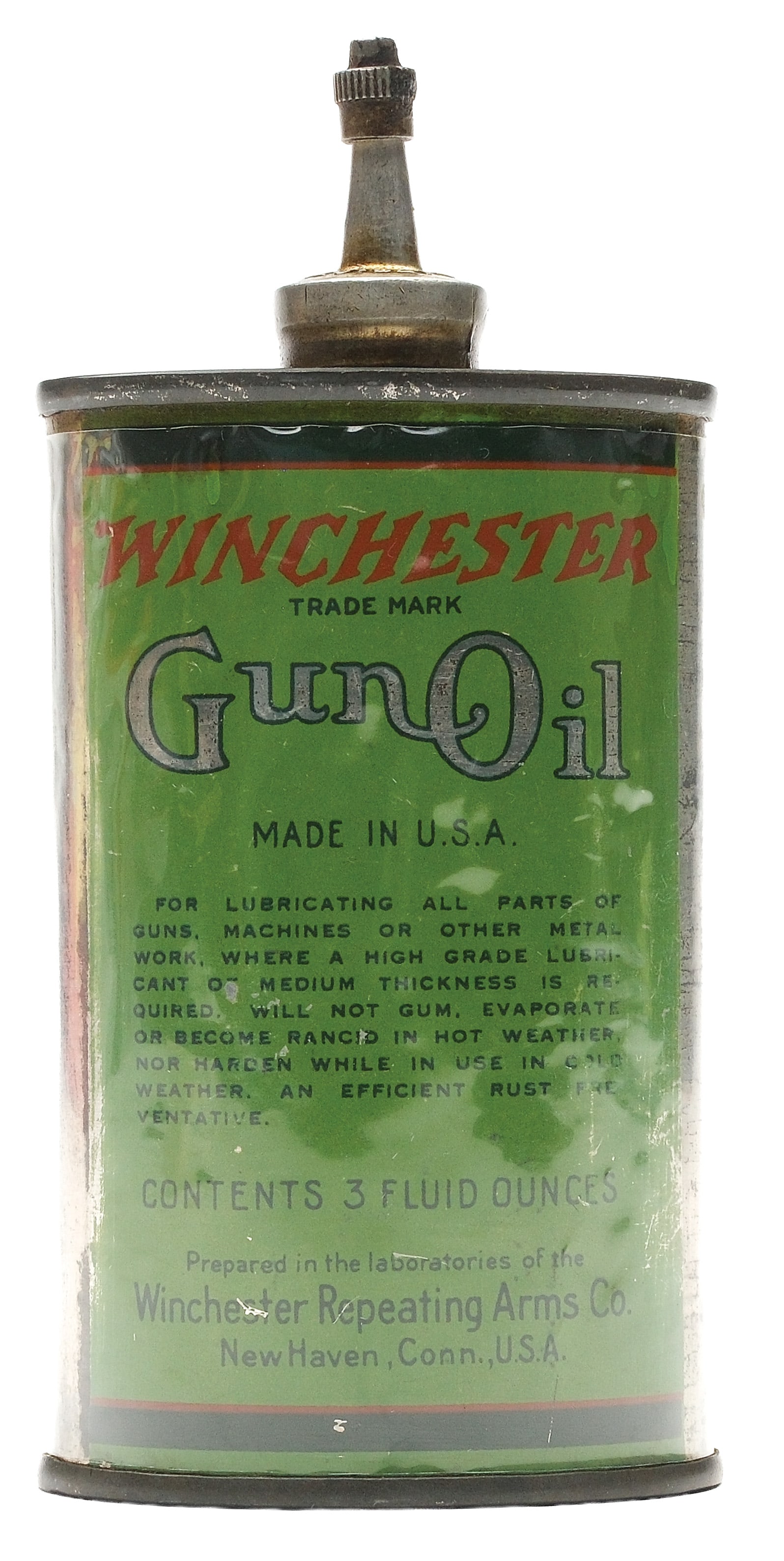 GREEN LABEL WINCHESTER GUN OIL TIN.: 3 Fl. Oz. tin. Measures 4.75" tall.