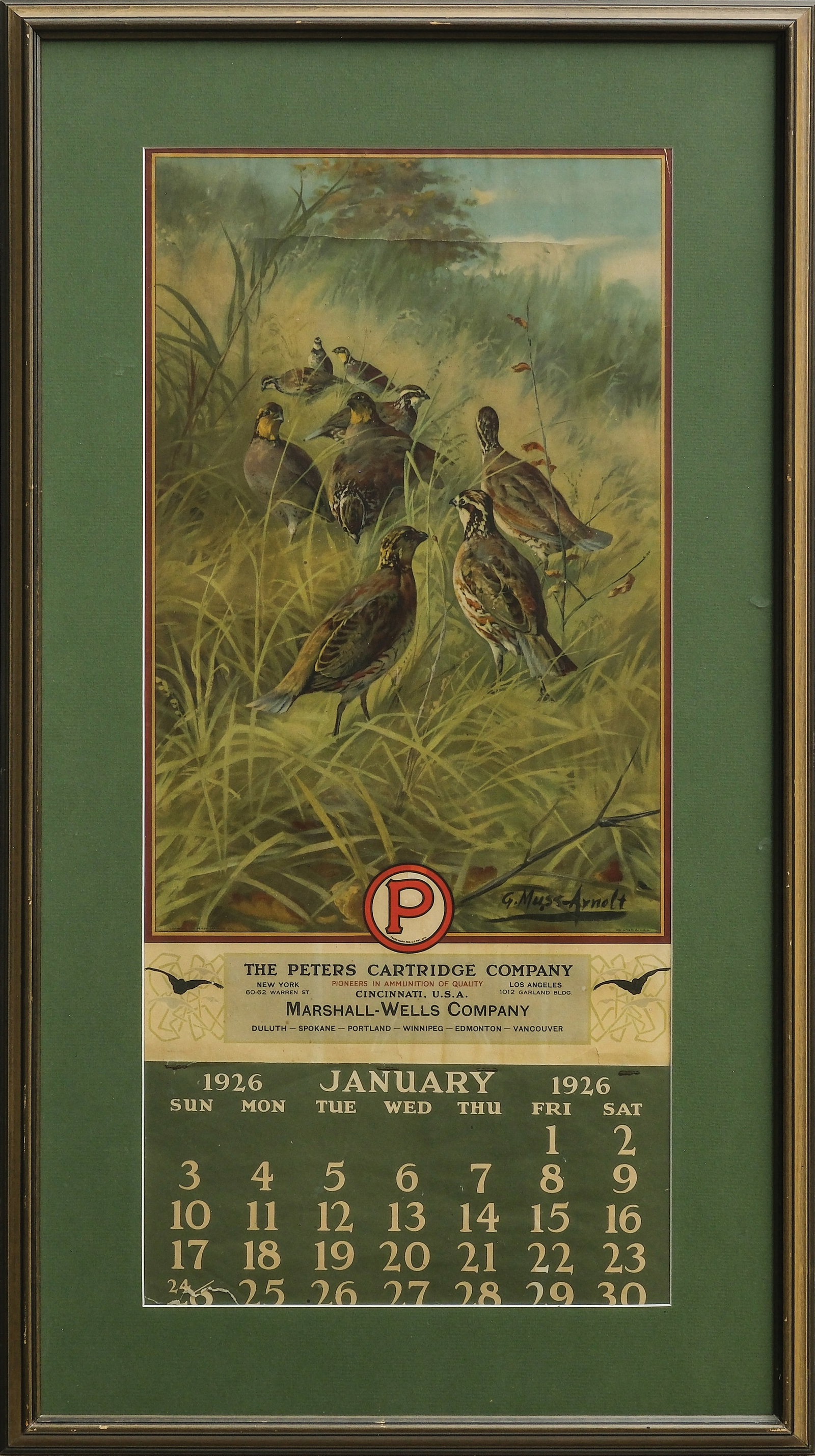 Peters Cartridge Company, 1926 calendar.:  Artwork by G. Muss Arnolt. Contains all calendar pages. Top band with hang tag removed, but included. Image measures 28 3/4" x 13 1/4".
