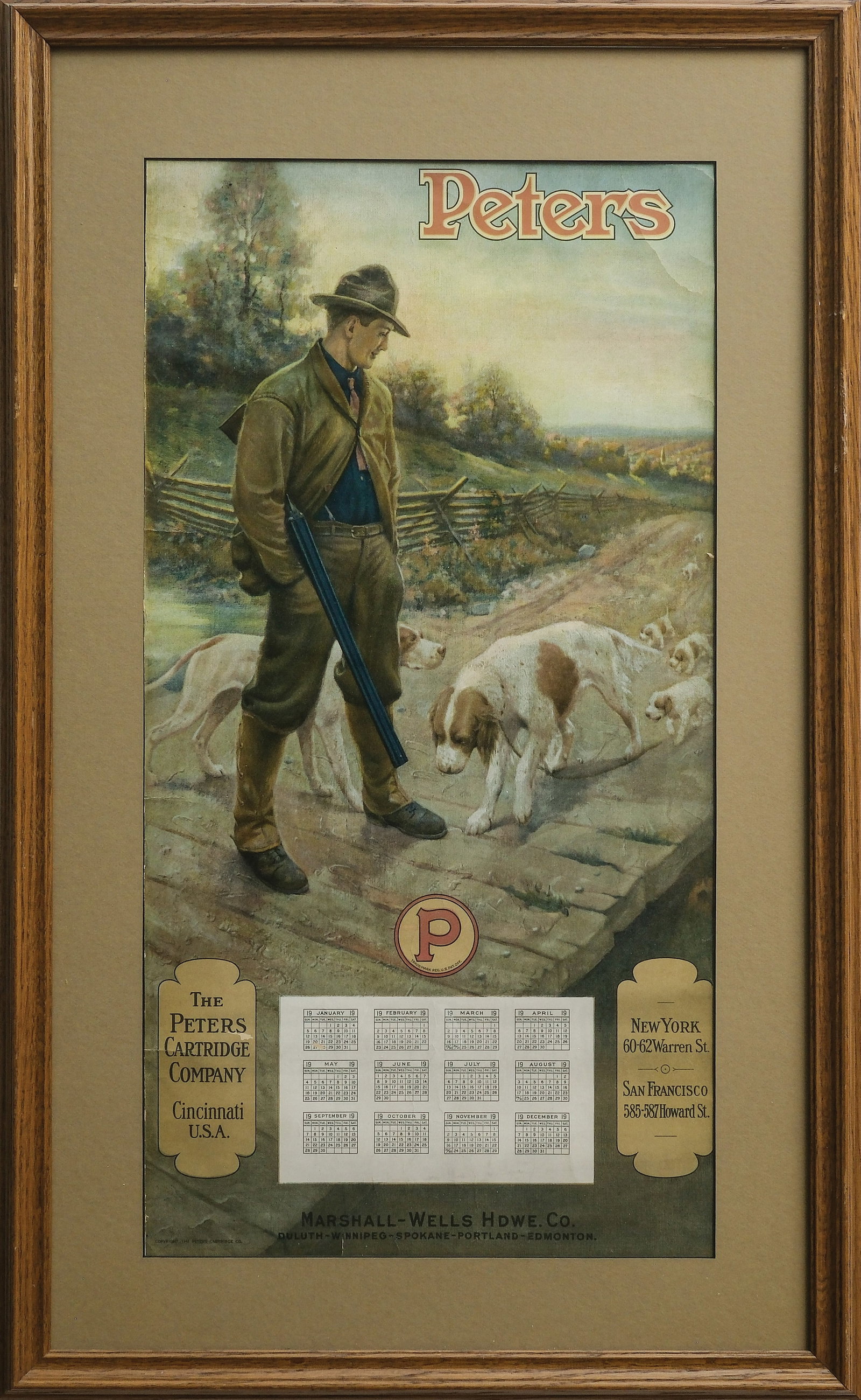 Peters Cartridge Company, 1919 calendar.: Measures 27 3/4" x 14". Missing top band. Calendar pages missing.