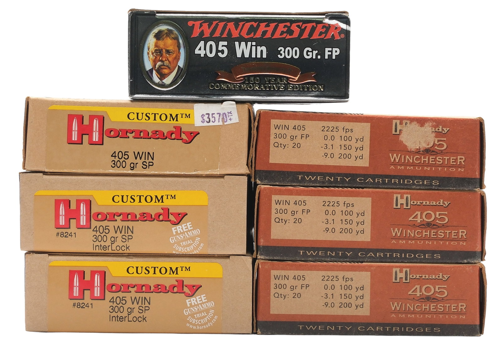 LOT OF 405 WINCHESTER AMMUNITION.: Lot of 7 Boxes of 405 Winchester ammunition. 2 boxes of Hornady Custom loaded with 300 grain InterLock bullets. 1 box of Hornady Custom loaded with 300 grain SP bullets. 3 box