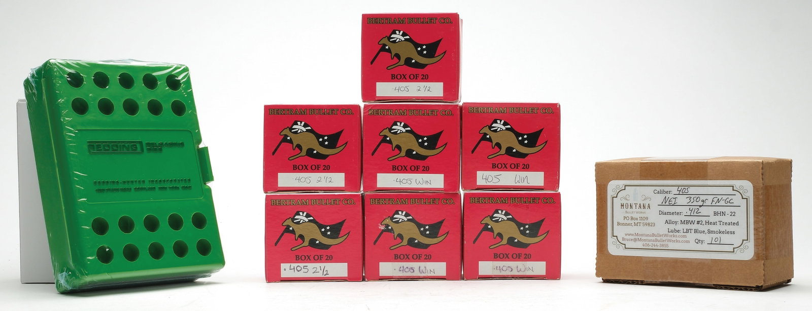LOT OF .405 WINCHESTER RELOADING SUPPLIES.: Green ammo storage can with 9 Boxes of Bertram Unprimed Brass Cases QTY 180 ; Montana Bullet Works NEI 350gr FN-GC (Flat Nose Gas Check) QTY 101 ; Set of Redding Reloading Dies. All com