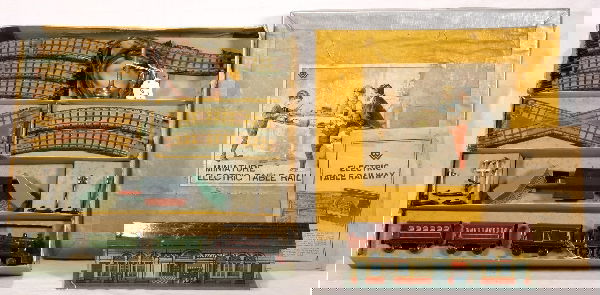 Super Boxed BING Table Top Train Set, 00 ga: NETTE: 3-Rail Electric loco; Baggage, Coach, Obsv., 3 Oper Signals, 2 Telegraph posts; 3 pc. Station w/track, osb w/inserts, duct tape repaired, C7, 10" BING Station, C6