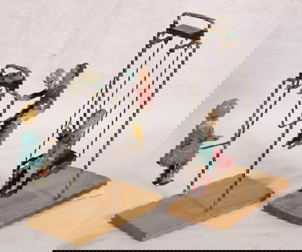 2 Early American Playground Toys: NETTE: swing & see-saw, hp tin w/wooden bases, minor flaking, C6