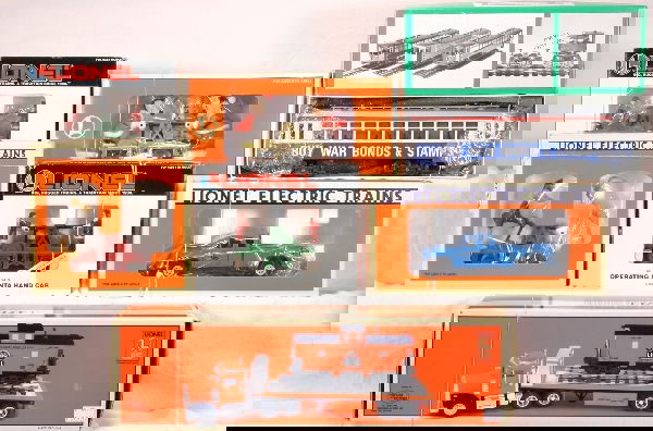 NETTE - 7 Pc. Misc Lot: 18405 Tractor w/Caboose; 2 #18403 Handcars; 18424 Pick-up; 18416 Handcar; 18433 Mickey & Minnie Handcar Bowser War Bond Trolley, obs w/inserts, cars C9