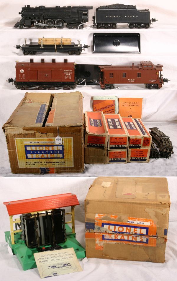 NETTE - Rare Boxed LIONEL Set #873W, 226 Loco: 226 Loco, last version w/Lionel Plates, replaced boiler ring; 2226W Diecast Tender; 3814 Oper. Merchandise Car w/replaced cubes & brakewheel tops; 3811 Oper. Lumber Car; 2957 Semi-Scale Caboose, floor