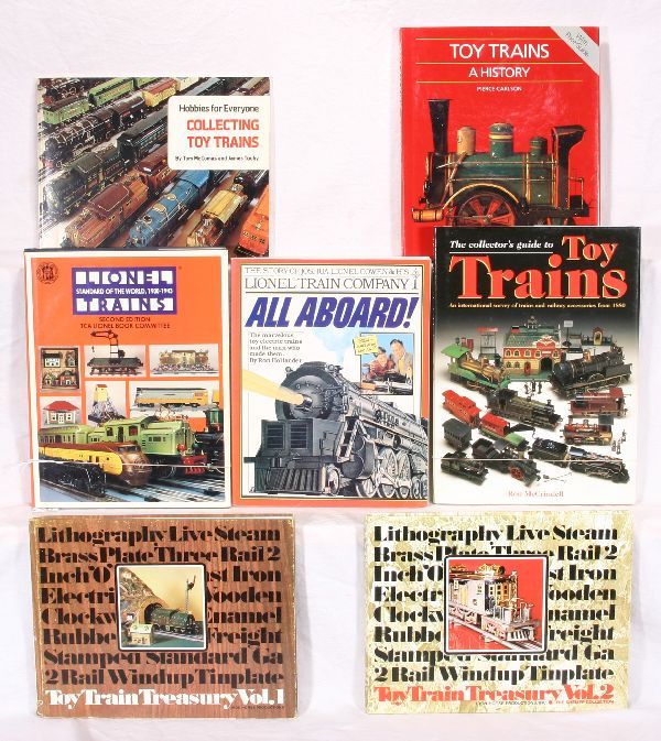 NETTE - 7 Train Reference Books: Collecting Guide by McCrindell; All Aboard, by Hollander; Toy Trains, by Carlson; Hobbies For Everyone, McComas & Thouy; TCA Standard of the World, Vol. 2; Toy Train Treasury, Vol. 1 & 2, by Iron Hors